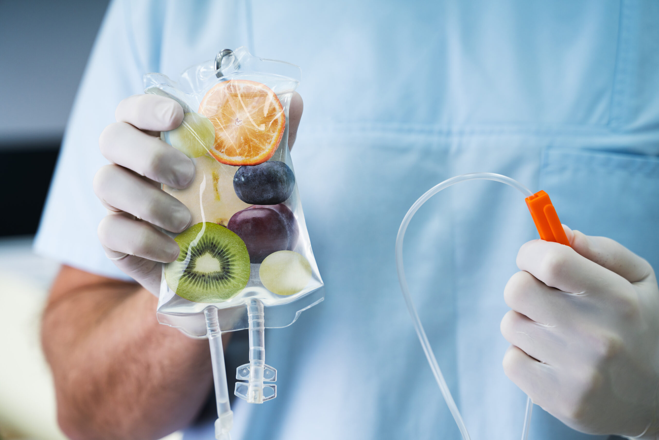 Doctor Holding Saline Bag With Fruit Slices Inside In Hospital tarzana, ca